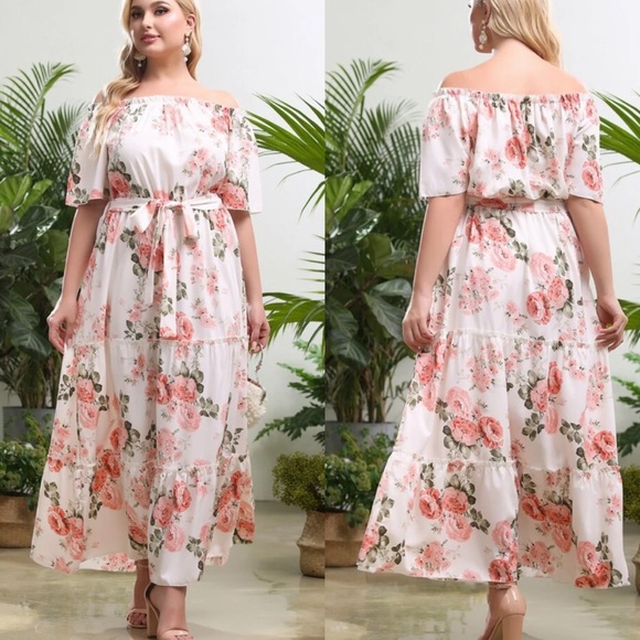 Dresses & Skirts - Boho plus floral print belted off shoulder dress